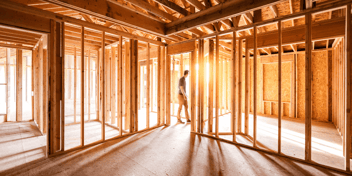 man walking through newly framed home