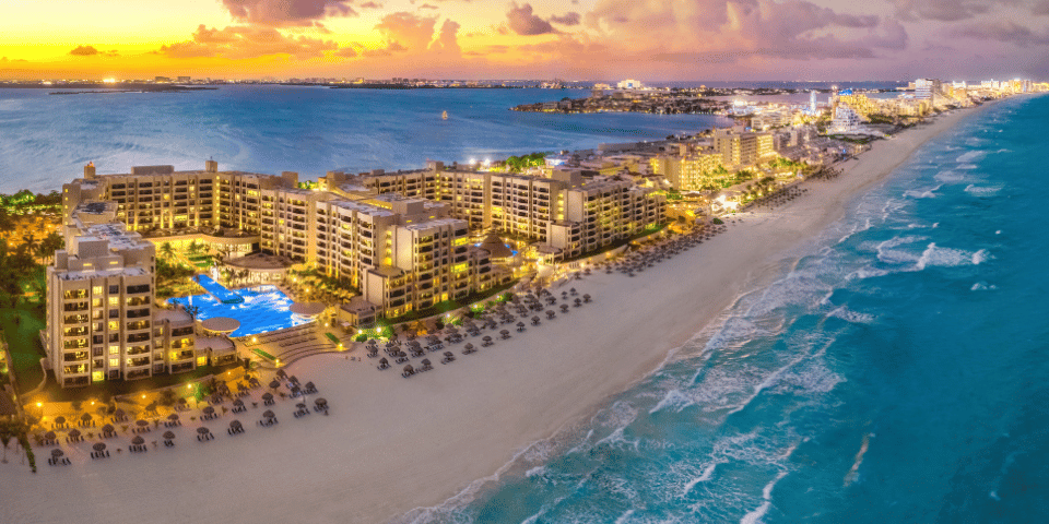 Aerial view of a resort on a beach