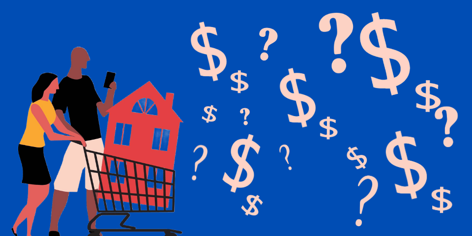 illustration of a couple shopping for a home surrounded by question marks and dollar signs